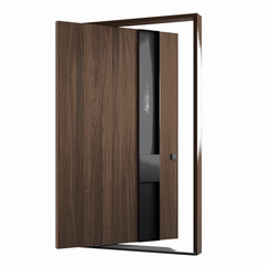 The Titan Exterior Pivot Door featuring a sleek design and wood finish, complementing BI-Fold Folding Door applications.