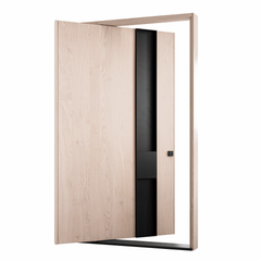 The Titan Exterior Pivot Door showcasing modern design with a sleek black handle and natural wood finish.