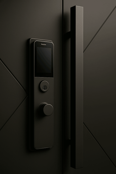 Vibe Exterior Gladiator Pivot Door handle with modern lock mechanism on a stylish dark door.